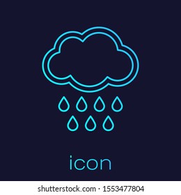 Turquoise line Cloud with rain icon isolated on blue background. Rain cloud precipitation with rain drops.  Vector Illustration