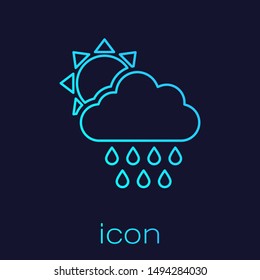 Turquoise line Cloud with rain and sun icon isolated on blue background. Rain cloud precipitation with rain drops.  Vector Illustration