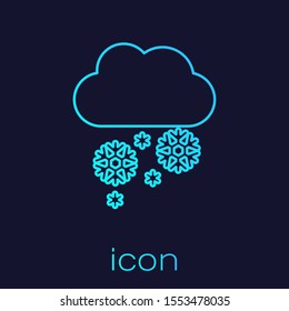 Turquoise line Cloud with snow icon isolated on blue background. Cloud with snowflakes. Single weather icon. Snowing sign.  Vector Illustration