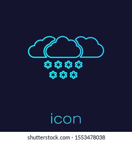 Turquoise line Cloud with snow icon isolated on blue background. Cloud with snowflakes. Single weather icon. Snowing sign.  Vector Illustration