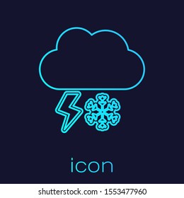 Turquoise line Cloud with snow and lightning icon isolated on blue background. Cloud with snowflakes. Single weather icon. Snowing sign.  Vector Illustration