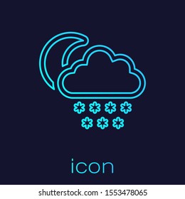 Turquoise line Cloud with snow and moon icon isolated on blue background. Cloud with snowflakes. Single weather icon. Snowing sign.  Vector Illustration
