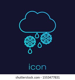 Turquoise line Cloud with snow, rain and moon icon isolated on blue background. Weather icon.  Vector Illustration