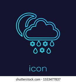 Turquoise line Cloud with snow and rain icon isolated on blue background. Weather icon.  Vector Illustration