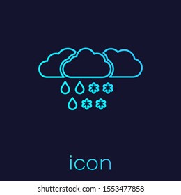 Turquoise line Cloud with snow and rain icon isolated on blue background. Weather icon.  Vector Illustration