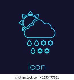 Turquoise line Cloud with snow and rain icon isolated on blue background. Weather icon.  Vector Illustration