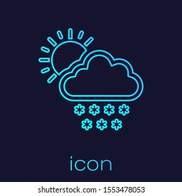 Turquoise line Cloud with snow and sun icon isolated on blue background. Cloud with snowflakes. Single weather icon. Snowing sign.  Vector Illustration