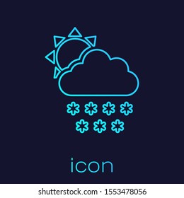 Turquoise line Cloud with snow and sun icon isolated on blue background. Cloud with snowflakes. Single weather icon. Snowing sign.  Vector Illustration
