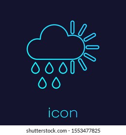 Turquoise line Cloudy with rain and sun icon isolated on blue background. Rain cloud precipitation with rain drops.  Vector Illustration