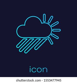 Turquoise line Cloudy with rain and sun icon isolated on blue background. Rain cloud precipitation with rain drops.  Vector Illustration