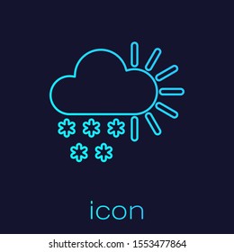 Turquoise line Cloudy with snow icon isolated on blue background. Cloud with snowflakes. Single weather icon. Snowing sign.  Vector Illustration