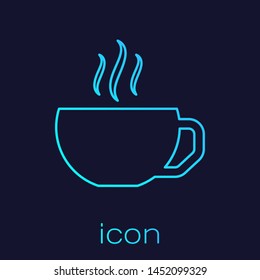 Turquoise line Coffee cup flat icon isolated on blue background. Tea cup. Hot drink coffee.  Vector Illustration