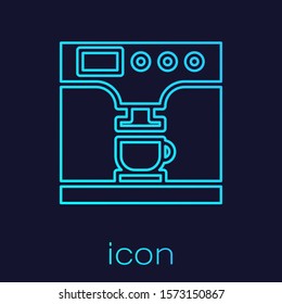 Turquoise line Coffee machine and coffee cup icon isolated on blue background.  Vector Illustration