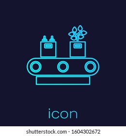 Turquoise line Conveyor belt with cardboard box icon isolated on blue background.  Vector Illustration