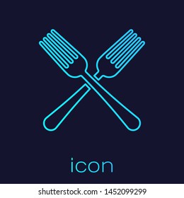 Turquoise line Crossed fork icon isolated on blue background. Cutlery symbol.  Vector Illustration