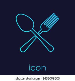 Turquoise line Crossed fork and spoon icon isolated on blue background. Cooking utensil. Cutlery sign.  Vector Illustration