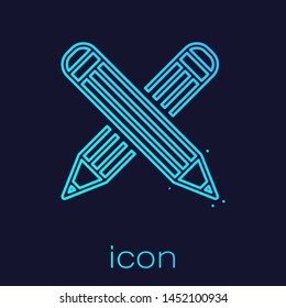 Turquoise line Crossed pencil icon isolated on blue background. Education sign. Drawing and educational tools. School office symbol.  Vector Illustration
