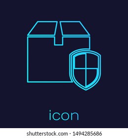 Turquoise line Delivery pack security symbol with shield icon isolated on blue background. Delivery insurance. Insured cardboard boxes beyond the shield.  Vector Illustration