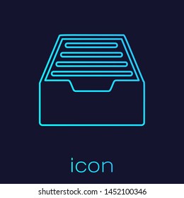 Turquoise line Drawer with documents icon isolated on blue background. Archive papers drawer. File Cabinet Drawer. Office furniture.  Vector Illustration
