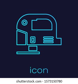 Turquoise line Electric jigsaw with steel sharp blade icon isolated on blue background. Power tool for woodwork.  Vector Illustration