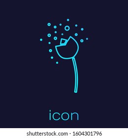 Turquoise line Flower producing pollen in atmosphere icon isolated on blue background.  Vector Illustration