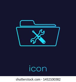 Turquoise line Folder with screwdriver and wrench icon isolated on blue background. Adjusting, service, setting, maintenance, repair, fixing.  Vector Illustration