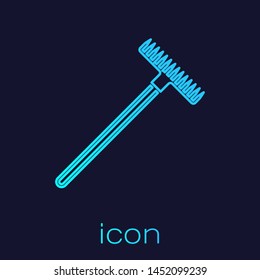 Turquoise line Garden rake icon isolated on blue background. Tool for horticulture, agriculture, farming. Ground cultivator. Housekeeping equipment.  Vector Illustration