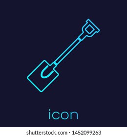 Turquoise line Garden shovel icon isolated on blue background. Gardening tool. Tool for horticulture, agriculture, farming.  Vector Illustration