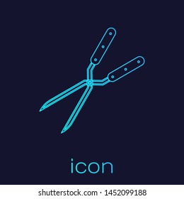 Turquoise line Gardening handmade scissors for trimming icon isolated on blue background. Pruning shears with wooden handles.  Vector Illustration