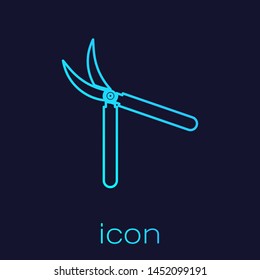 Turquoise line Gardening handmade scissors for trimming icon isolated on blue background. Pruning shears with wooden handles.  Vector Illustration
