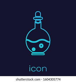 Turquoise line Glass bottle with magic elixir icon isolated on blue background. Computer game asset.  Vector Illustration