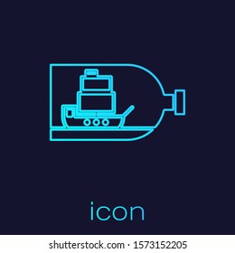 Turquoise line Glass bottle with ship inside icon isolated on blue background. Miniature model of marine vessel. Hobby and sea theme.  Vector Illustration
