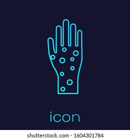 Turquoise line Hand with psoriasis or eczema icon isolated on blue background. Concept of human skin response to allergen or chronic body problem.  Vector Illustration