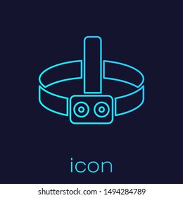 Turquoise line Head flashlight icon isolated on blue background. Tourist head flashlight. Camping head light.  Vector Illustration