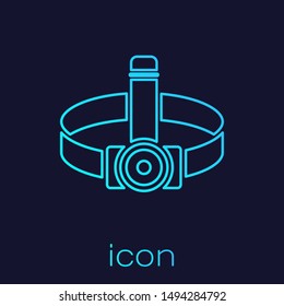 Turquoise line Head flashlight icon isolated on blue background. Tourist head flashlight. Camping head light.  Vector Illustration