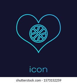 Turquoise line Heart with basketball ball inside icon isolated on blue background. Basketball love.  Vector Illustration