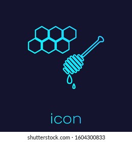 Turquoise line Honeycomb with honey dipper stickicon isolated on blue background. Honey ladle. Honey cells symbol. Sweet natural food.  Vector Illustration