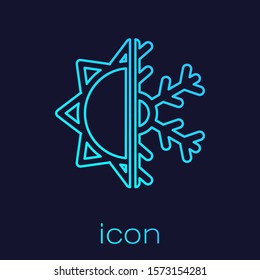 Turquoise line Hot and cold symbol. Sun and snowflake icon isolated on blue background. Winter and summer symbol.  Vector Illustration