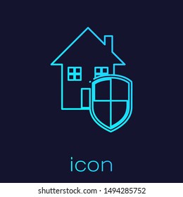 Turquoise line House under protection icon isolated on blue background. Home and shield. Protection, safety, security, protect, defense concept. Vector Illustration Turquoise line House under protection icon isolated on blue background. Home and shield. Protection, safety, security, protect, defense concept. Vector Illustration