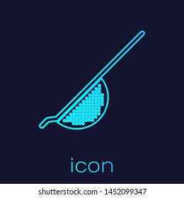 Turquoise line Kitchen colander icon isolated on blue background. Cooking utensil. Cutlery sign.  Vector Illustration