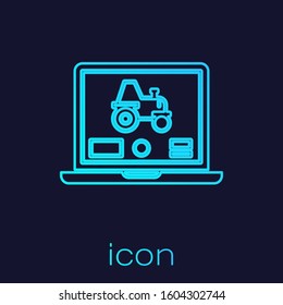 Turquoise line Laptop application for control a autonomous tractor on a smart farm icon isolated on blue background. Smart agriculture implement.  Vector Illustration