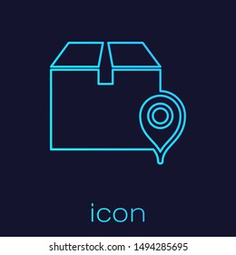 Turquoise line Location with cardboard box icon isolated on blue background. Delivery services, logistic and transportation, relocation, distribution.  Vector Illustration
