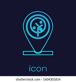Turquoise line Location and tree icon isolated on blue background.  Vector Illustration
