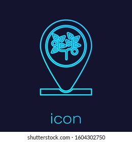 Turquoise line Location and tree icon isolated on blue background.  Vector Illustration