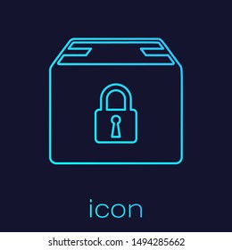 Turquoise line Locked package icon isolated on blue background. Lock and cardboard box.  Vector Illustration