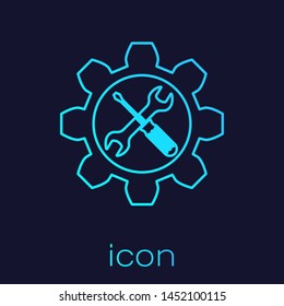 Turquoise line Maintenance symbol - wrench and screwdriver in gear icon isolated on blue background. Service tool symbol.  Vector Illustration