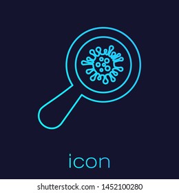 Turquoise line Microorganisms under magnifier icon isolated on blue background. Bacteria and germs, cell cancer, microbe, virus, fungi.  Vector Illustration
