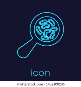 Turquoise line Microorganisms under magnifier icon isolated on blue background. Bacteria and germs, cell cancer, microbe, virus, fungi.  Vector Illustration