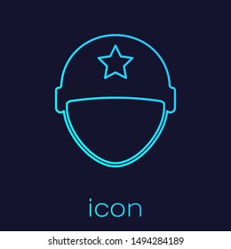 Turquoise line Military helmet icon isolated on blue background. Army hat symbol of defense and protect. Protective hat.  Vector Illustration