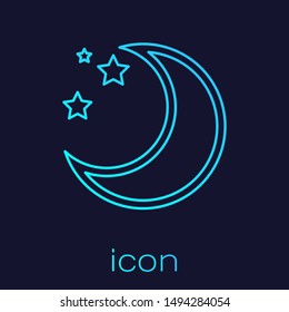 Turquoise line Moon and stars icon isolated on blue background.  Vector Illustration